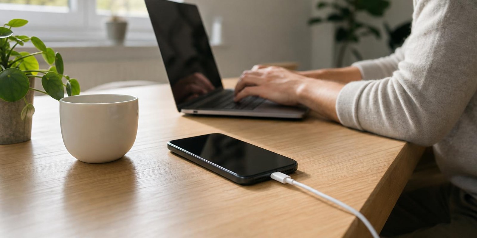 Smartphone laedt tagsueber am Kabel auf dem Schreibtisch neben dem Arbeitsplatz.