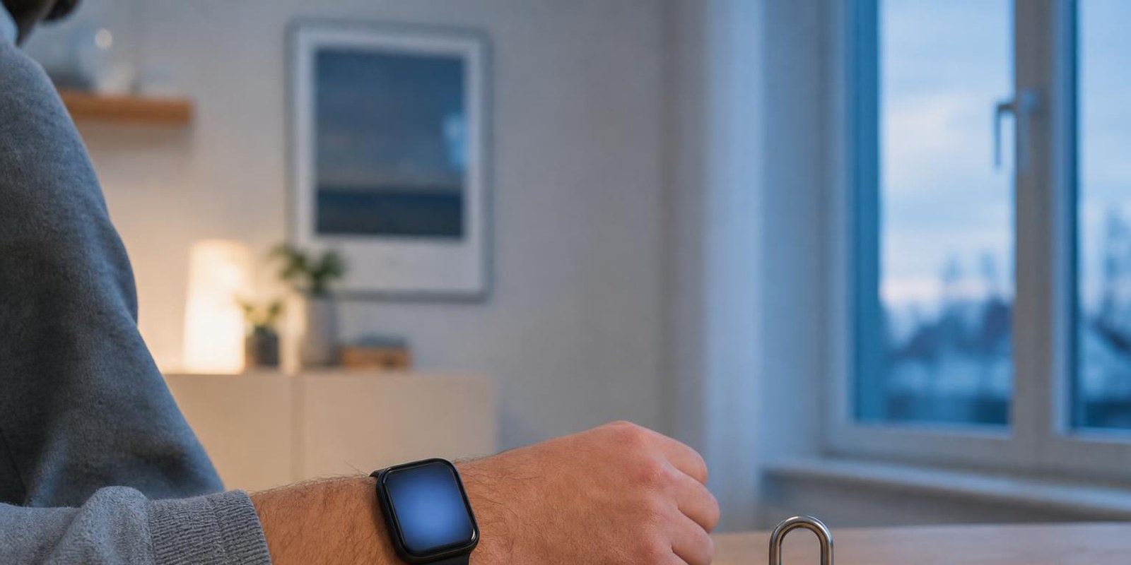 Smartwatch mit unlesbarem Display neben Vorhaengeschloss und Smartphone auf einem Schreibtisch.